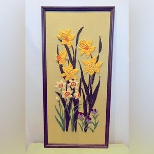 Rare Vintage Crewel Framed Art/ Beautiful Floral Embroidery
